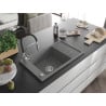 Mexen Elias chiuvetă de granit cu un compartiment, cu picurător și baterie de bucătărie Aster, gri - 6511-71-73450-07
