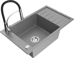 Mexen Elias chiuvetă de granit cu 1 compartiment cu scurgător și baterie de bucătărie Aster, gri - 6511-71-73450-07
