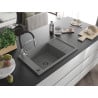 Mexen Elias chiuvetă de granit cu un compartiment, cu picurător și baterie de bucătărie Aster, gri - 6511-71-73450-07-B