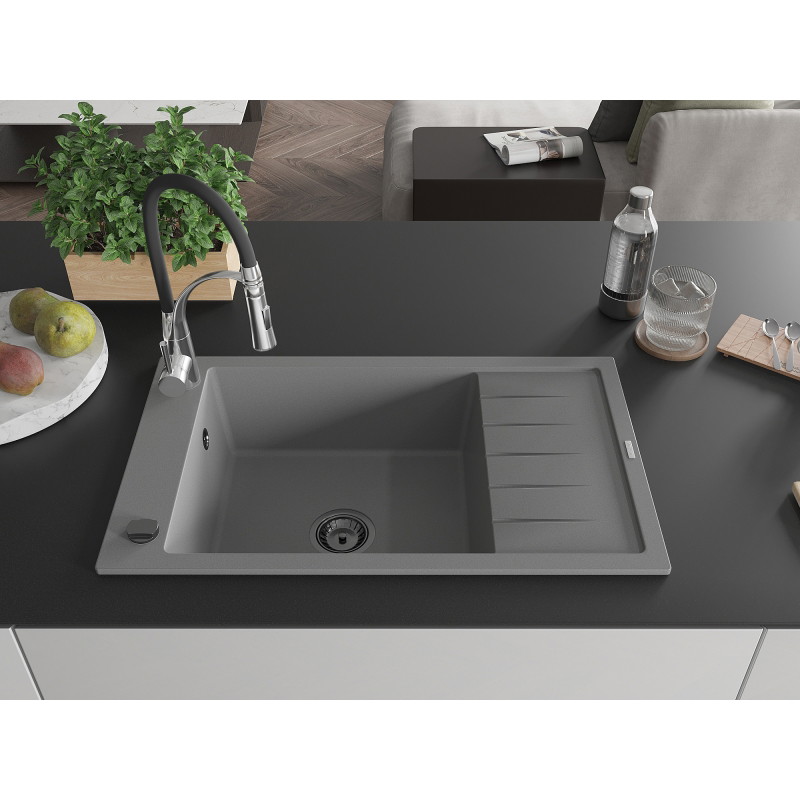 Mexen Elias chiuvetă de granit cu 1 compartiment, cu scurgător și baterie de bucătărie Aster, gri - 6511-71-73450-07-B