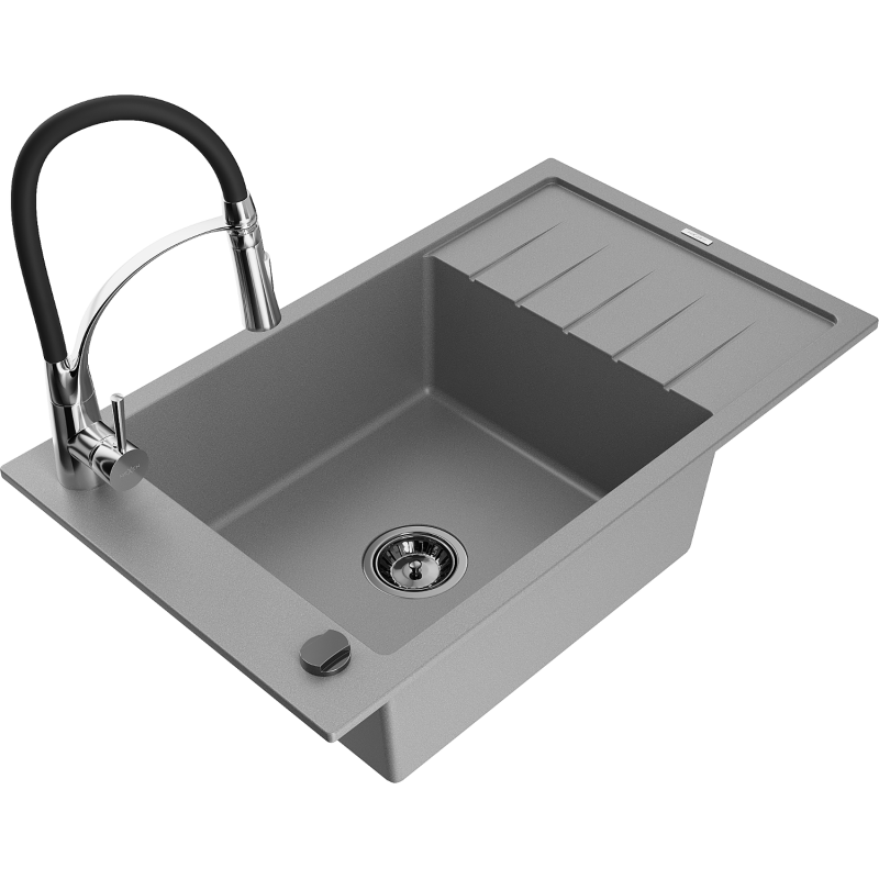 Mexen Elias chiuvetă de granit cu 1 cameră și scurgător și baterie de bucătărie Aster, gri - 6511-71-73450-07-B