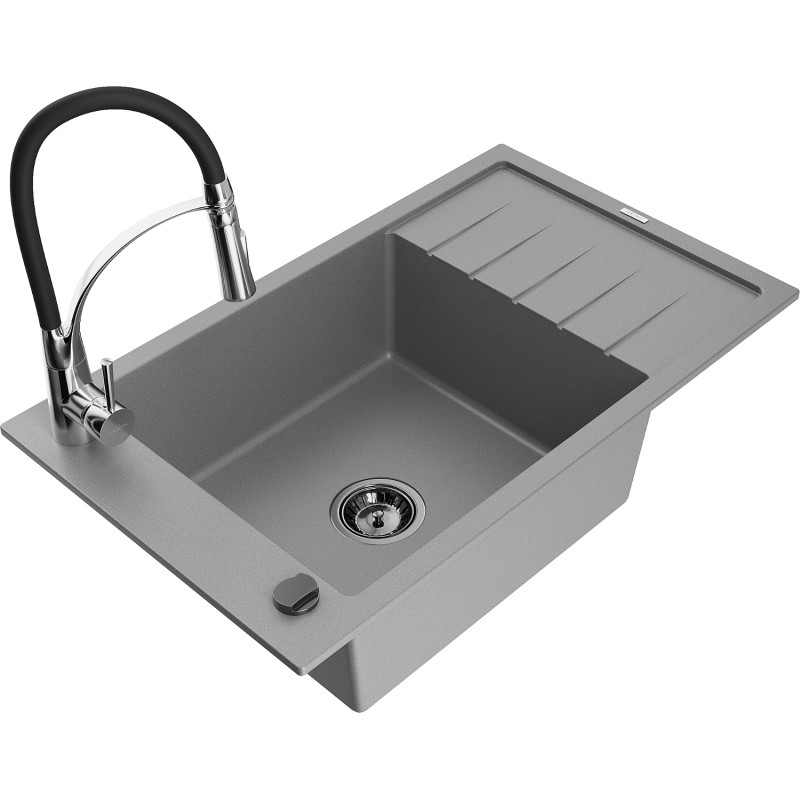 Mexen Elias chiuvetă de granit cu 1 compartiment, cu scurgător și baterie de bucătărie Aster, gri - 6511-71-73450-07-B