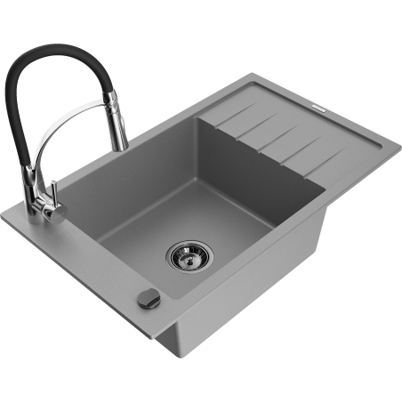 Mexen Elias chiuvetă de granit cu 1 cameră și scurgător și baterie de bucătărie Aster, gri - 6511-71-73450-07-B