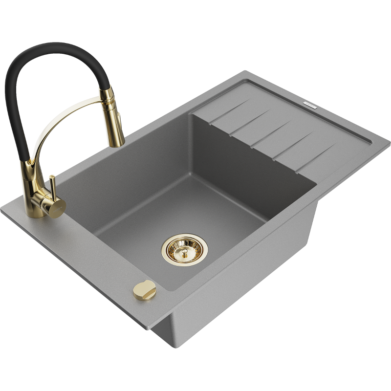 Chiuveta din granit Mexen Elias cu 1 compartiment, cu scurgător și baterie de bucătărie Aster, gri - 6511-71-73450-57-G