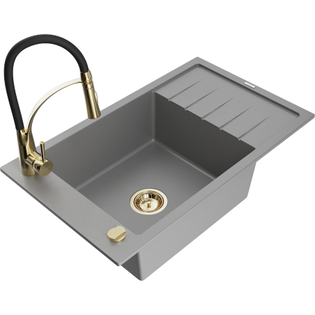 Chiuveta din granit Mexen Elias cu 1 compartiment, cu scurgător și baterie de bucătărie Aster, gri - 6511-71-73450-57-G