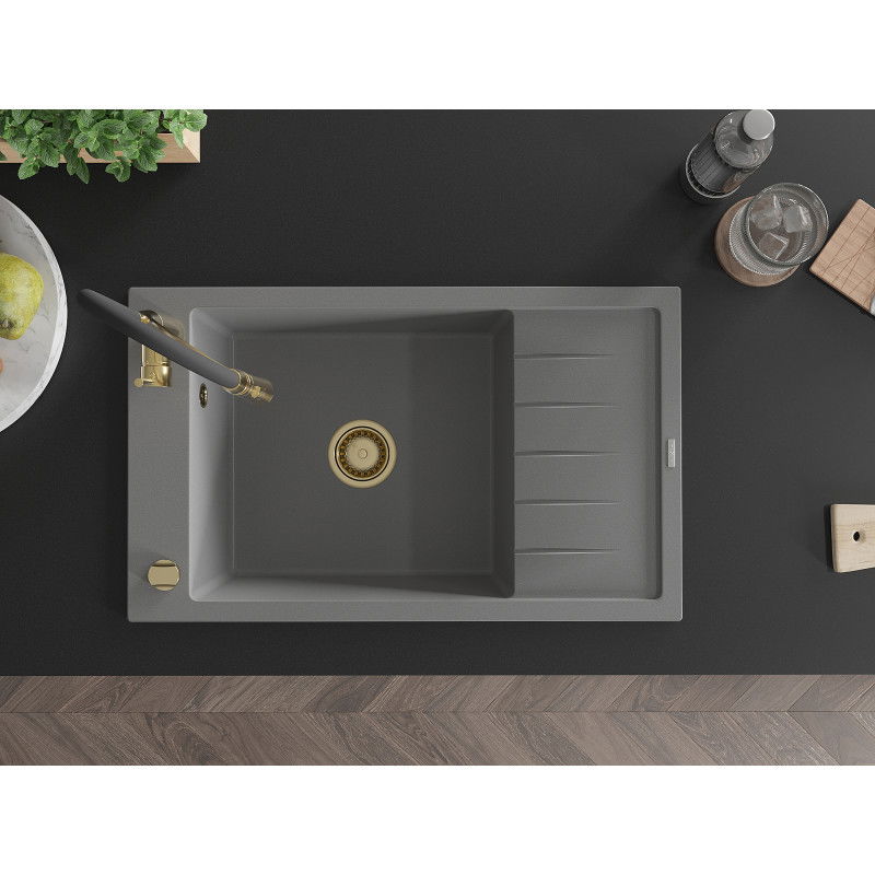 Mexen Elias chiuvetă de granit cu 1 compartiment, cu scurgător și baterie de bucătărie Aster, gri - 6511-71-73450-57-G