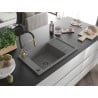 Mexen Elias chiuvetă de granit cu un compartiment, cu picurător și baterie de bucătărie Aster, gri - 6511-71-73450-57-B