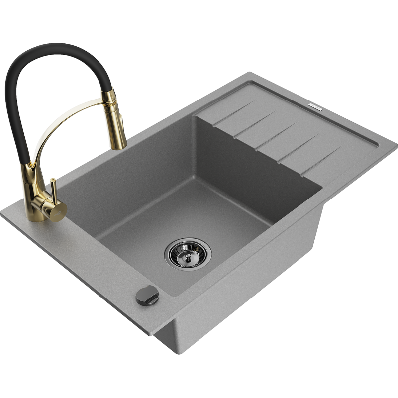 Mexen Elias chiuvetă de granit cu 1 compartiment, cu scurgător și baterie de bucătărie Aster, gri - 6511-71-73450-57-B