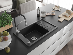 Mexen Elias chiuvetă granit 1-cameră cu scurgător și baterie bucătărie Aster, negru/argintiu metalic - 6511-73-73450-07