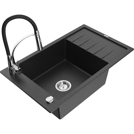 Mexen Elias chiuvetă granit 1-cameră cu scurgător și baterie bucătărie Aster, negru/argintiu metalic - 6511-73-73450-07