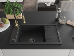 Mexen Elias chiuvetă de bucătărie din granit cu 1 cuvă, cu scurgător și baterie Aster, negru/argintiu metalic