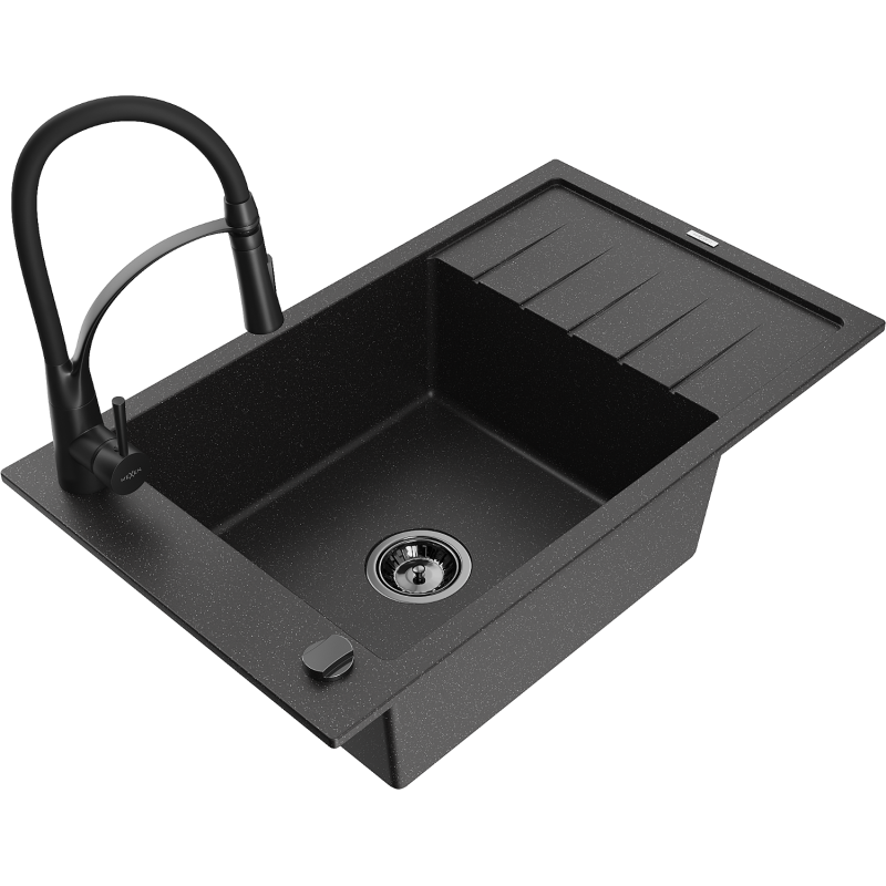 Mexen Elias chiuvetă de granit cu 1 compartiment cu scurgător și baterie de bucătărie Aster, negru/argintiu metalic