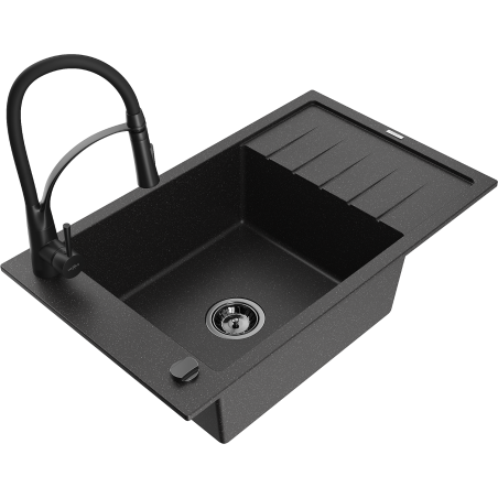 Mexen Elias chiuvetă de granit cu 1 compartiment cu scurgător și baterie de bucătărie Aster, negru/argintiu metalic