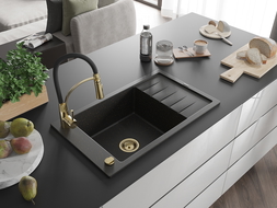 Chiuvetă granit Mexen Elias 1-cameră cu scurgător și baterie bucătărie Aster, negru/auriu metalic - 6511-75-73450-57-G