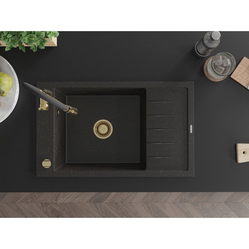 Mexen Elias gránit mosogató 1-medencés csepegtetővel és Aster konyhai csapteleppel, fekete/arany metál - 6511-75-73450-57-G