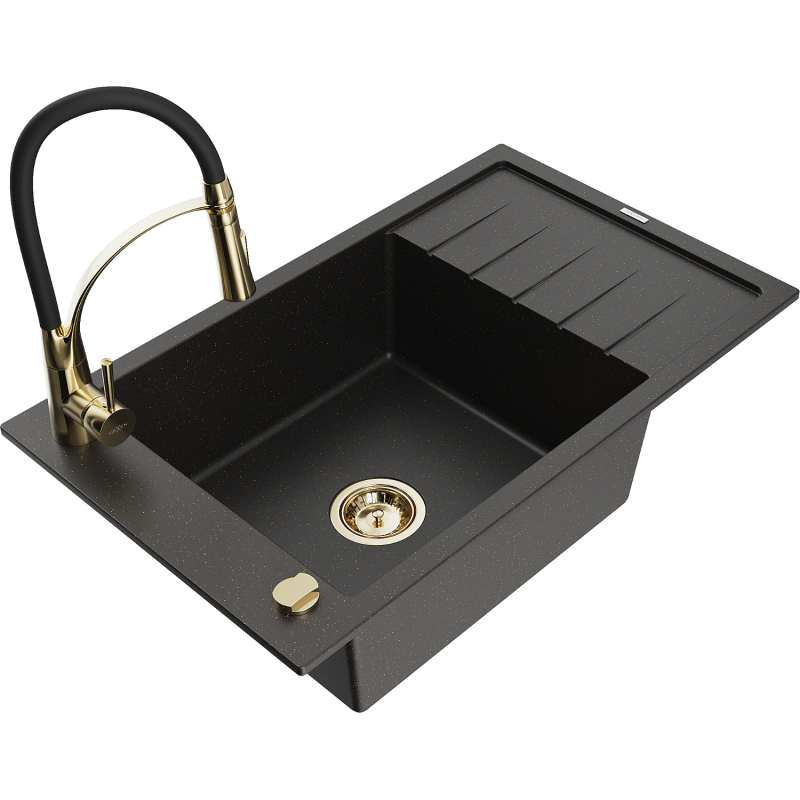Chiuvetă granit Mexen Elias 1-cameră cu scurgător și baterie bucătărie Aster, negru/auriu metalic - 6511-75-73450-57-G