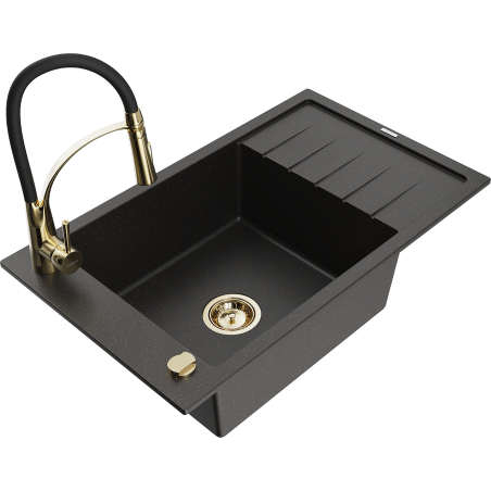 Chiuvetă granit Mexen Elias 1-cameră cu scurgător și baterie bucătărie Aster, negru/auriu metalic - 6511-75-73450-57-G
