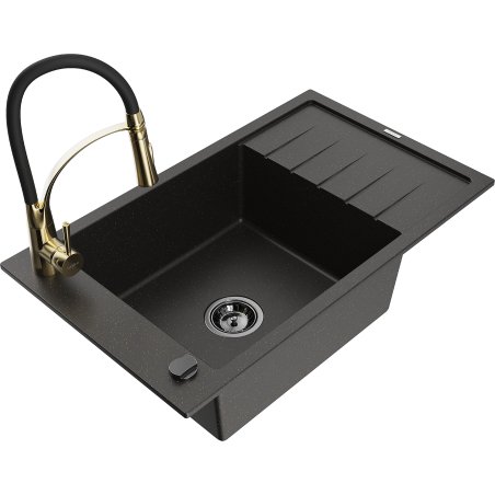 Mexen Elias chiuvetă granitică 1-cameră cu scurgător și baterie bucătărie Aster, negru/auriu metalizat - 6511-75-73450-57-B