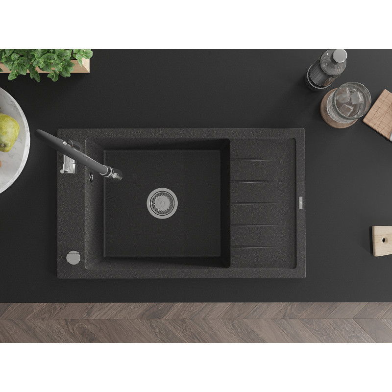 Mexen Elias 1-medencés gránit mosogató csepegtetővel és Aster konyhai csapteleppel, fekete pöttyös - 6511-76-73450-07