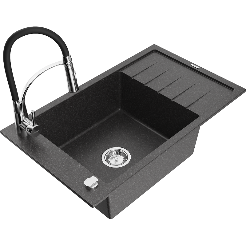 Mexen Elias chiuvetă de bucătărie granit 1-disc cu scurgător și baterie de bucătărie Aster, negru pătat - 6511-76-73450-07