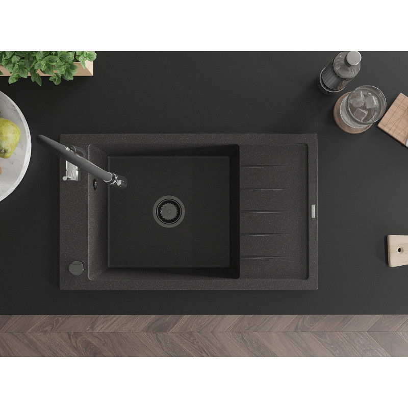 Mexen Elias chiuvetă de granit cu 1 cuvă cu scurgător și baterie de bucătărie Aster, negru stropit - 6511-76-73450-07-B