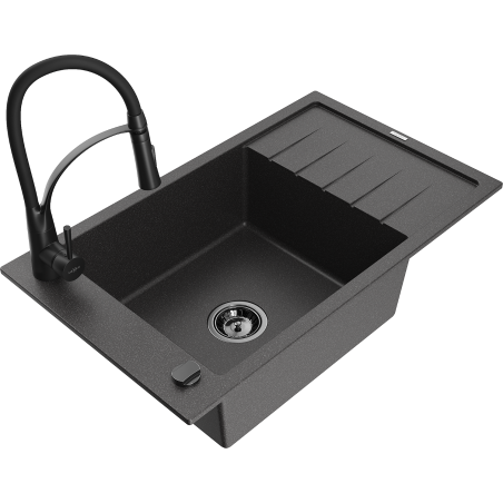 Mexen Elias chiuvetă de bucătărie granit 1-cameră cu scurgător și baterie de bucătărie Aster, negru cu pete - 6511-76-73450-70-B