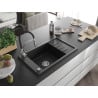 Mexen Elias chiuvetă de granit cu un compartiment, cu picurător și baterie de bucătărie Aster, Neagră - 6511-77-73450-07
