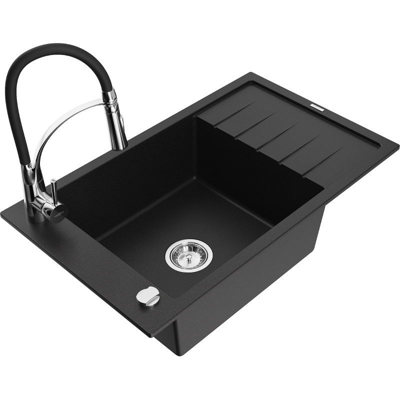 Mexen Elias chiuvetă de bucătărie din granit cu 1 compartiment, cu scurgător și baterie Aster, negru - 6511-77-73450-07