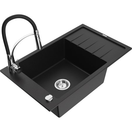 Mexen Elias chiuvetă de bucătărie din granit cu 1 compartiment, cu scurgător și baterie Aster, negru - 6511-77-73450-07