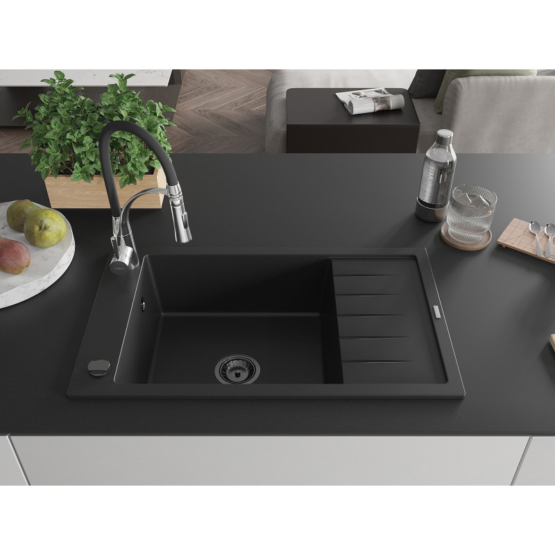 Mexen Elias chiuvetă de granit cu 1 compartiment, cu scurgător și baterie de bucătărie Aster, neagră - 6511-77-73450-07-B