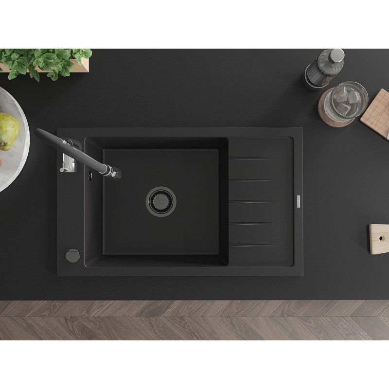 Mexen Elias chiuvetă de granit cu 1 compartiment, cu scurgător și baterie de bucătărie Aster, negru - 6511-77-73450-07-B