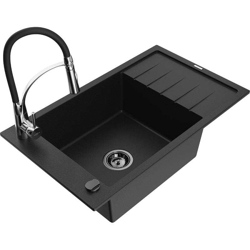 Mexen Elias gránit mosogató 1-medencés csepegtetővel és Aster konyhai csapteleppel, fekete - 6511-77-73450-07-B