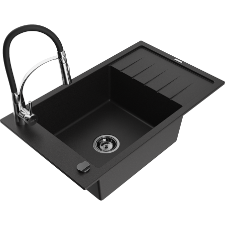 Mexen Elias gránit mosogató 1-medencés csepegtetővel és Aster konyhai csapteleppel, fekete - 6511-77-73450-07-B