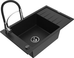 Mexen Elias gránit mosogató 1-medencés csepegtetővel és Aster konyhai csapteleppel, fekete - 6511-77-73450-07-B