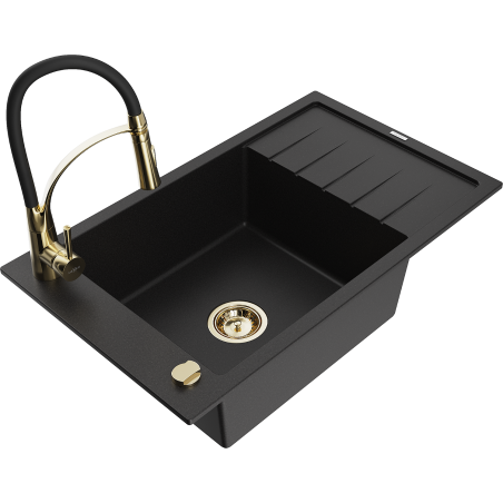 Mexen Elias 1 rekeszes gránit mosogató csepegtetővel és Aster konyhai csapteleppel, fekete - 6511-77-73450-57-G
