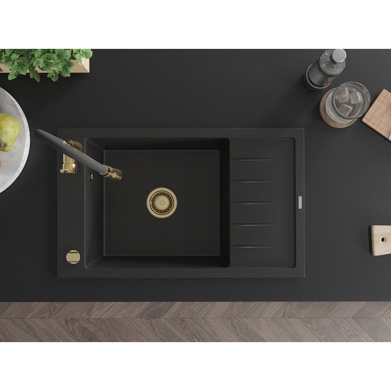 Mexen Elias chiuvetă din granit cu 1 compartiment cu scurgător și baterie de bucătărie Aster, negru - 6511-77-73450-57-G