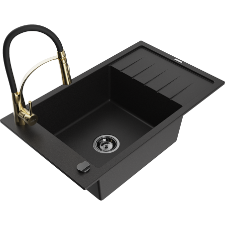 Mexen Elias chiuvetă de granit cu 1 compartiment cu scurgător și baterie de bucătărie Aster, neagră - 6511-77-73450-57-B