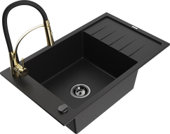 Mexen Elias chiuvetă de granit cu 1 compartiment cu scurgător și baterie de bucătărie Aster, neagră - 6511-77-73450-57-B
