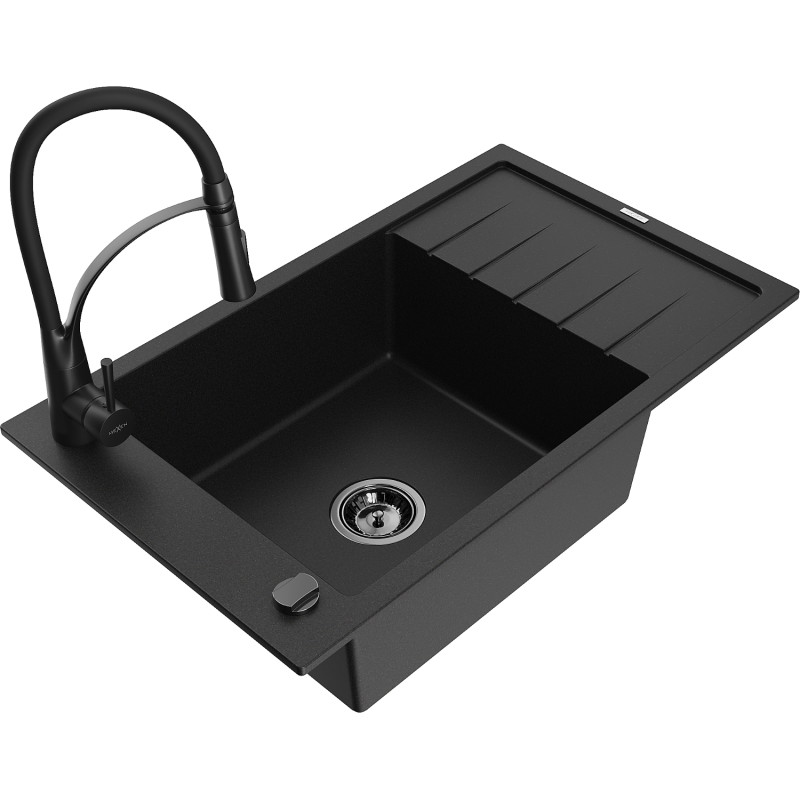 Mexen Elias chiuvetă de granit cu o singură cuvă cu scurgător și baterie de bucătărie Aster, negru - 6511-77-73450-70-B