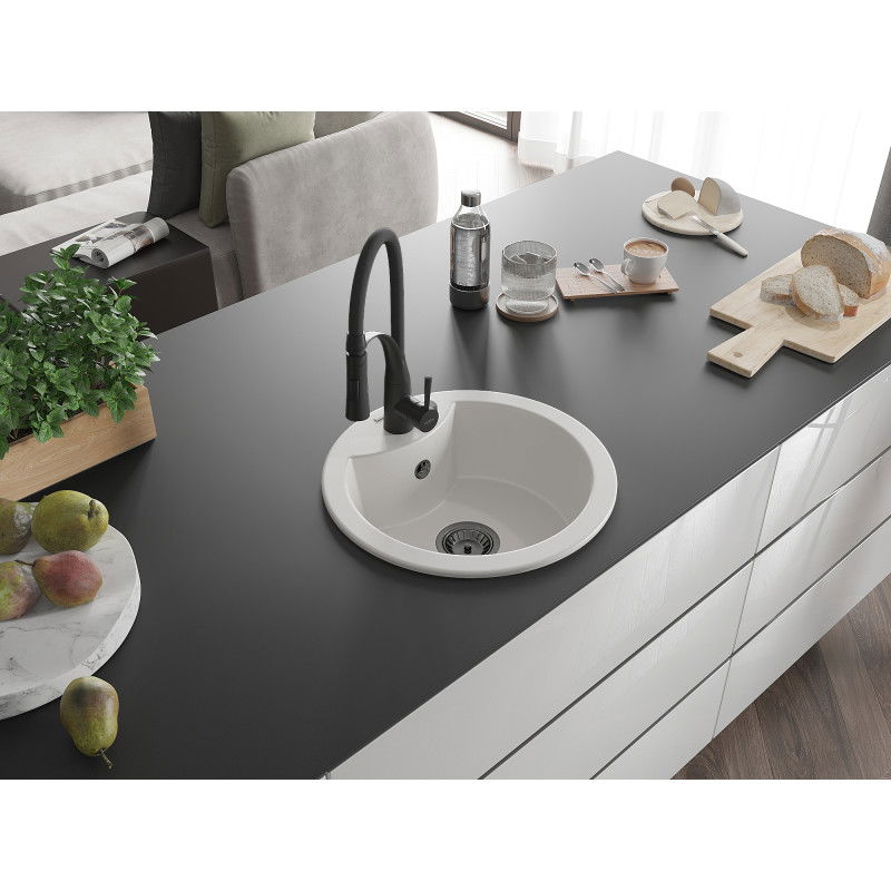 Mexen Diego chiuvetă de granit cu 1 cameră cu baterie de bucătărie Aster, alb - 6512-20-73450-70-B