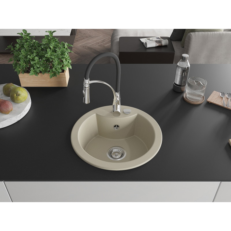 Mexen Diego chiuvetă de bucătărie din granit cu o singură cuvă cu baterie de bucătărie Aster, bej - 6512-69-73450-07