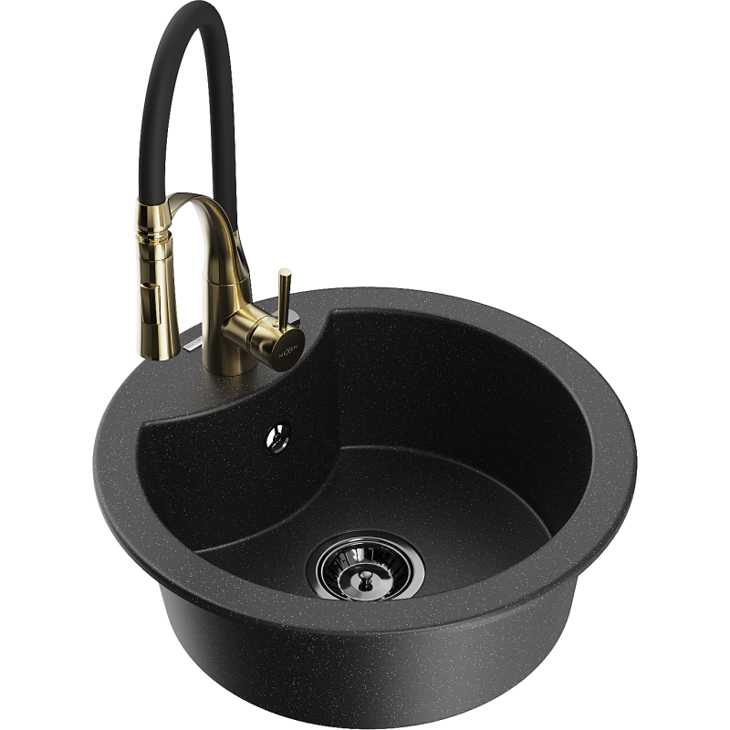 Mexen Diego chiuvetă de bucătărie din granit cu 1 compartiment și baterie Aster, negru/argintiu metalic - 6512-73-73450-57-B