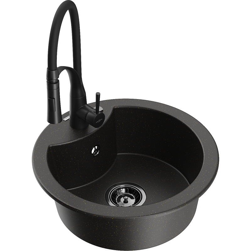 Mexen Diego chiuvetă granit 1-cameră cu baterie de bucătărie Aster, negru/auriu metalic - 6512-75-73450-70-B