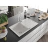 Mexen Bruno chiuvetă de granit cu un compartiment, cu picurător și baterie de bucătărie Aster, Albă - 6513-20-73450-02