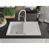 Mexen Bruno chiuvetă de granit cu un compartiment, cu picurător și baterie de bucătărie Aster, Albă - 6513-20-73450-02
