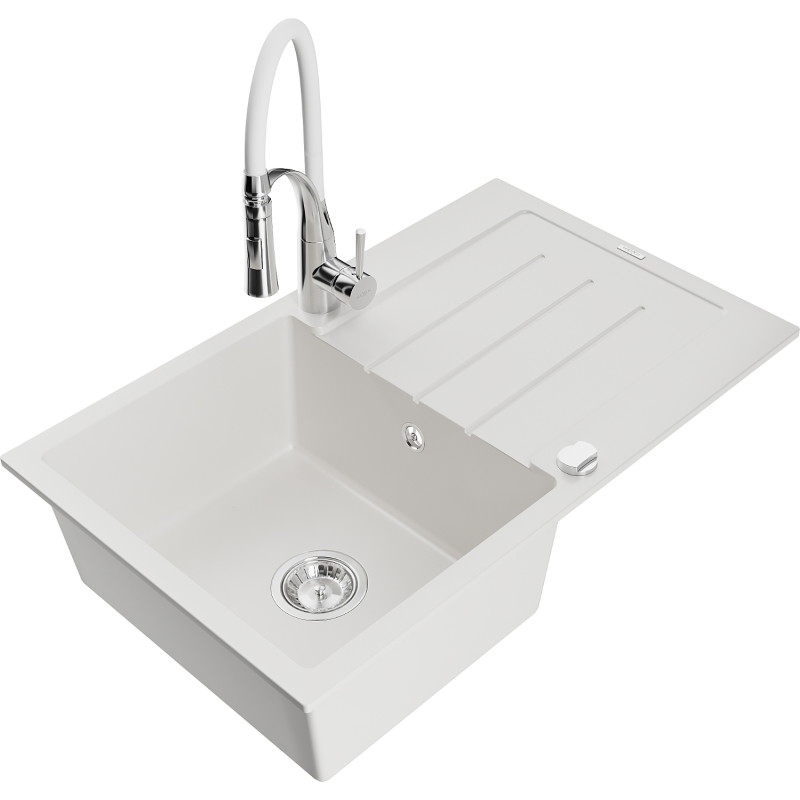 Mexen Bruno chiuvetă de granit cu 1 compartiment, cu scurgător și baterie de bucătărie Aster, alb - 6513-20-73450-02