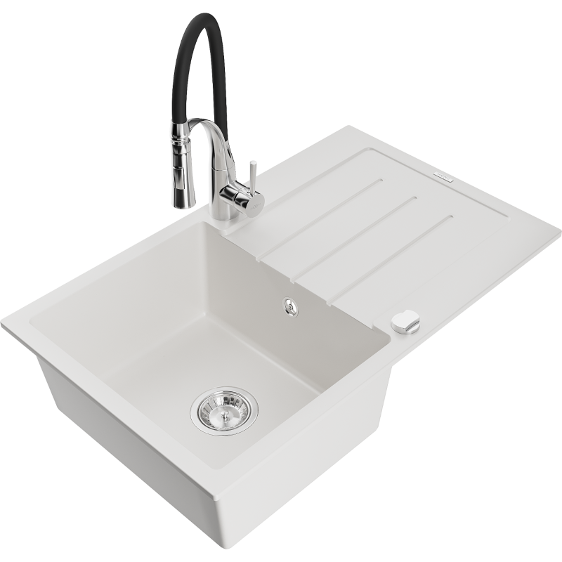 Mexen Bruno egymedencés gránit mosogató csepegtetővel és Aster konyhai csapteleppel, fehér - 6513-20-73450-07