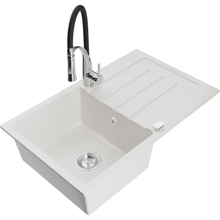 Mexen Bruno egymedencés gránit mosogató csepegtetővel és Aster konyhai csapteleppel, fehér - 6513-20-73450-07