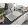 Mexen Bruno chiuvetă de granit cu un compartiment, cu picurător și baterie de bucătărie Aster, Albă - 6513-20-73450-07