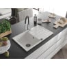 Mexen Bruno chiuvetă de granit cu un compartiment, cu picurător și baterie de bucătărie Aster, Albă - 6513-20-73450-07-B